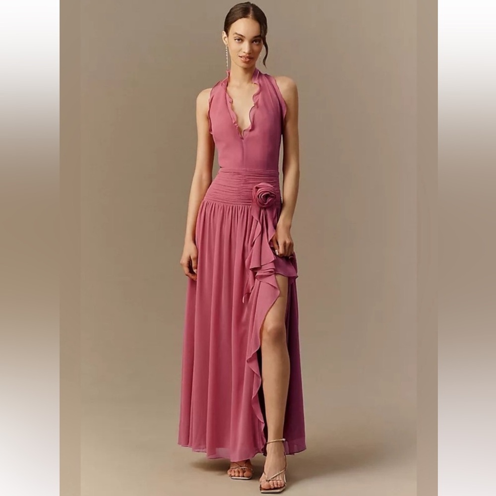 BHLDN Rose-Pink Plunge Halter Chiffon Dress Maxi Ruffle Rose Detail Size 10